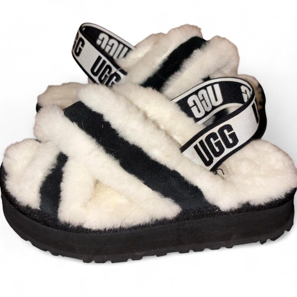 UGG Fluffy black and white slides with strap